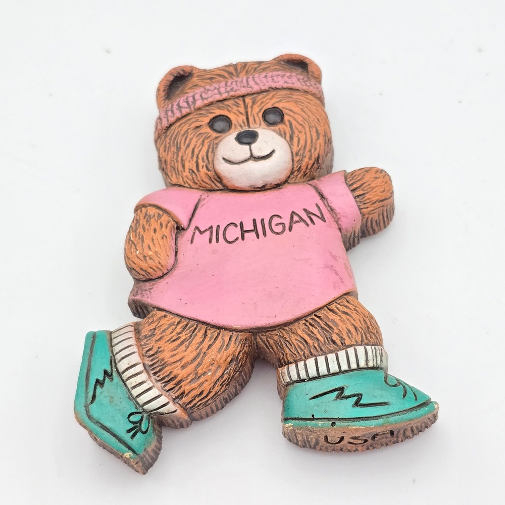 Vintage Michigan Jogging Bear Fridge Magnet Retro 80s Pink Teal Souvenir Resin